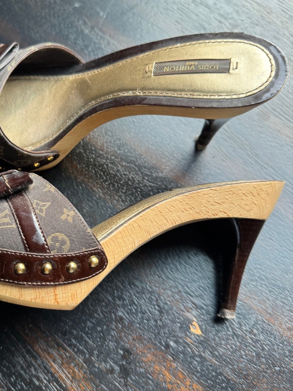 LOUIS VUITTON Monogram Brown Bow Wooden Clog Sandals - Picture 3 of 12